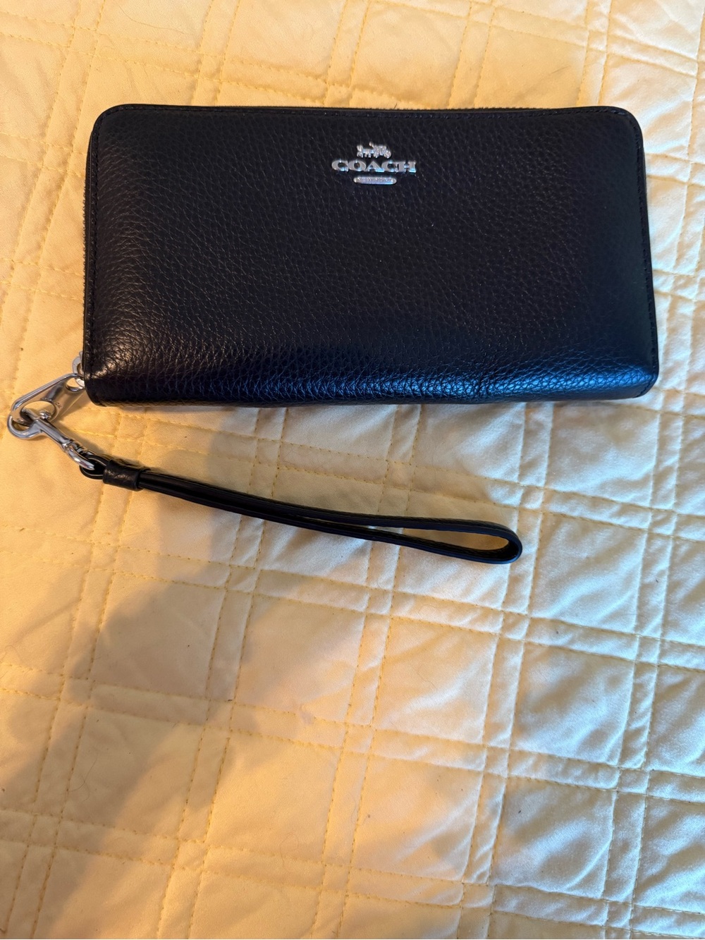 Coach Black Pebbled Leather Wristlet with Silver Logo